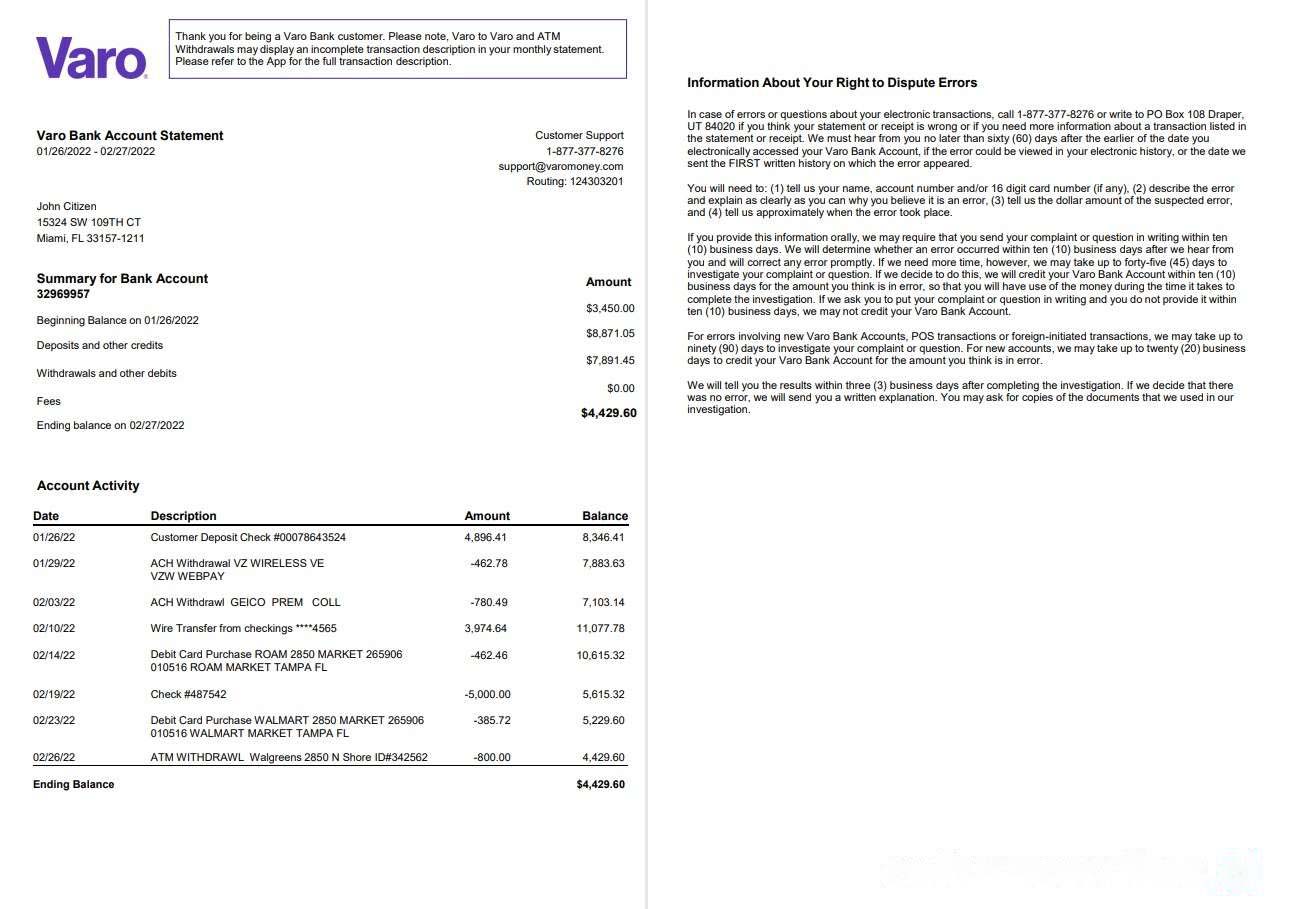 USA Varo bank statement 2 pages, version 2 download template file