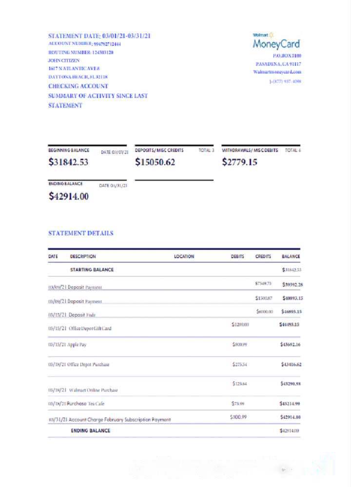 USA Walmart Money Card statement Word and PDF template, version 2 scr download template file