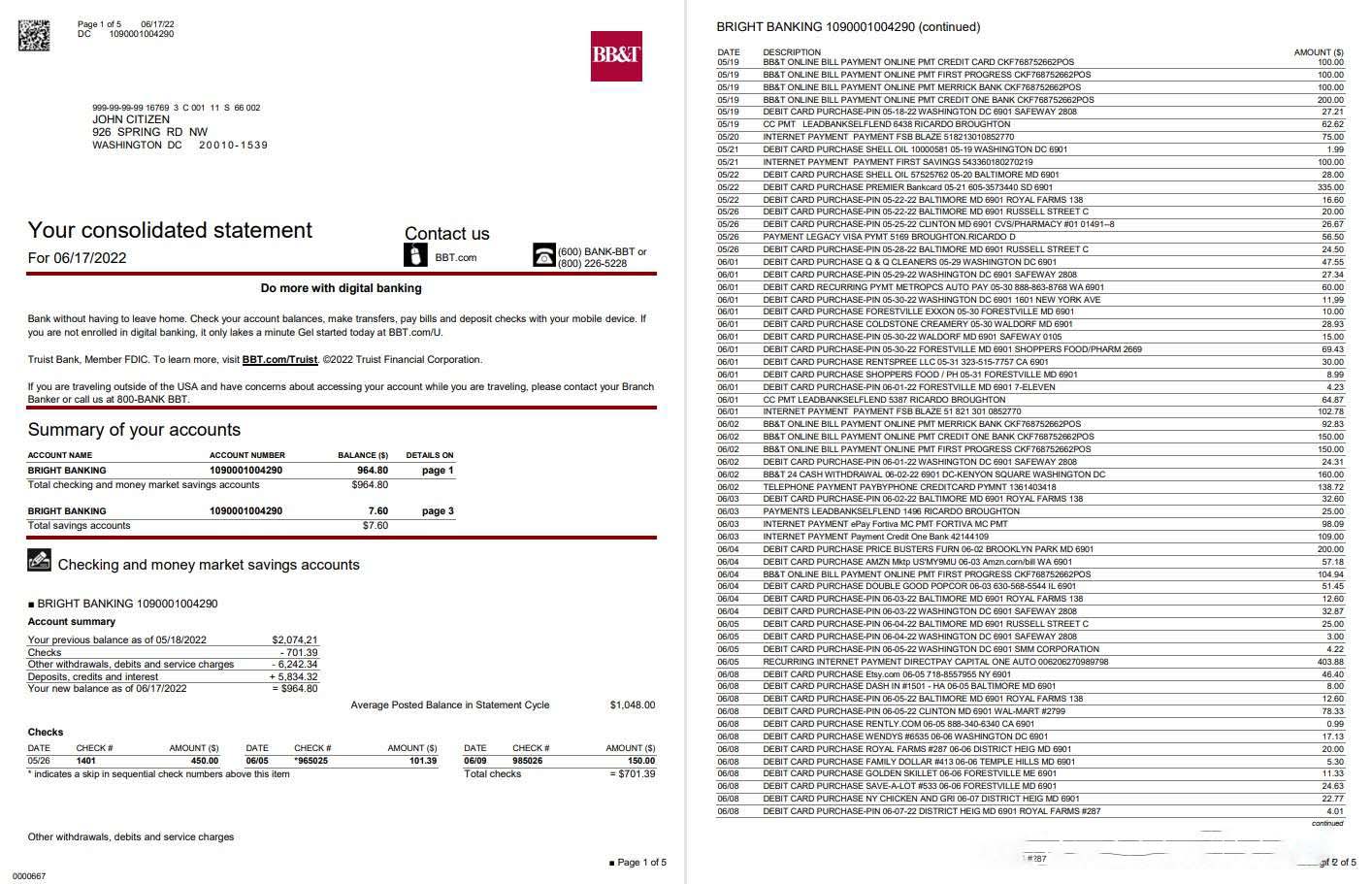 USA Washington BB&T bank 5 PAGES download template file