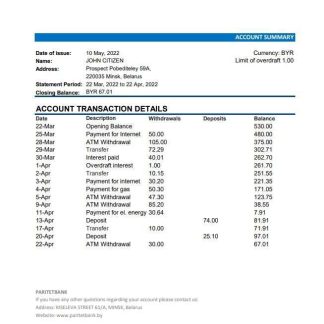 Belarus Paritet Bank statement xls download template file
