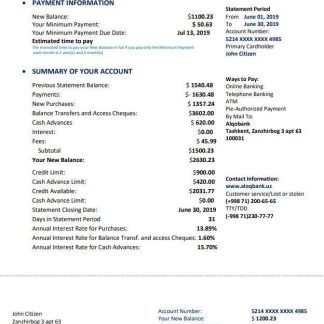 Uzbekistan Aloqabank proof of address statement template in Word and PDF format download template file