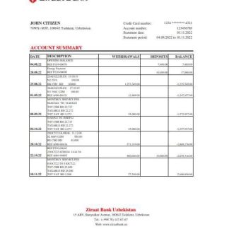 Uzbekistan Ziraat Bank statement, Excel and PDF format download template file