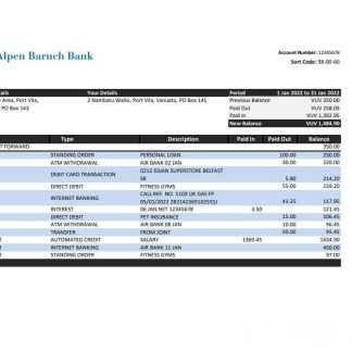 Vanuatu Alpen Baruch bank statement, Excel and PDF template download template file