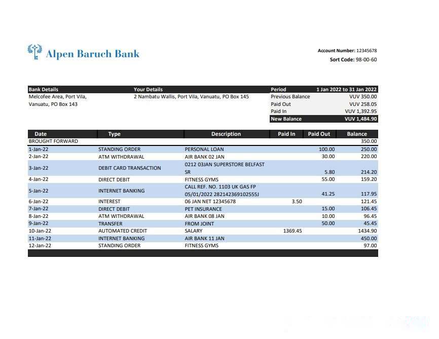Vanuatu Alpen Baruch bank statement, Excel and PDF template download template file