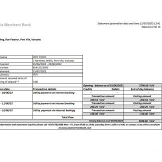 Vanuatu Asia Merchant bank statement, Excel and PDF format download template file