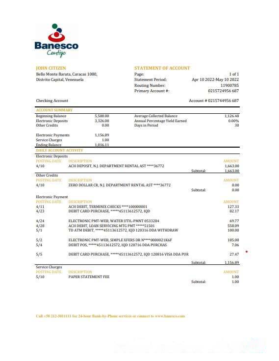 Venezuela Banesco bank statement, Excel and PDF template download template file