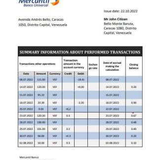 Venezuela Mercantil bank statement template in Word and PDF format download template file