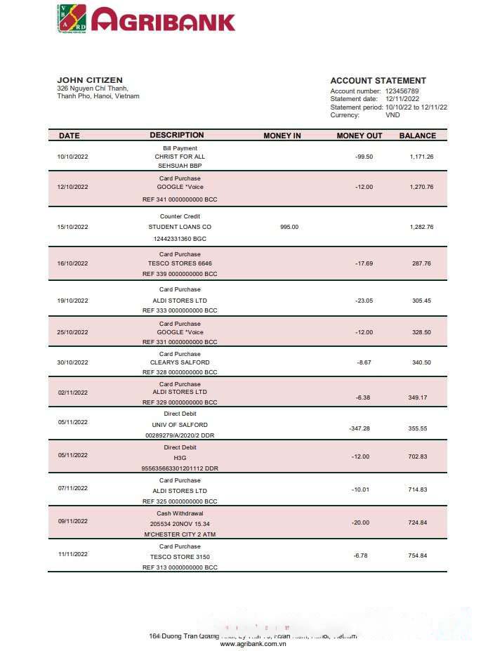 Vietnam Agribank bank statement download template file