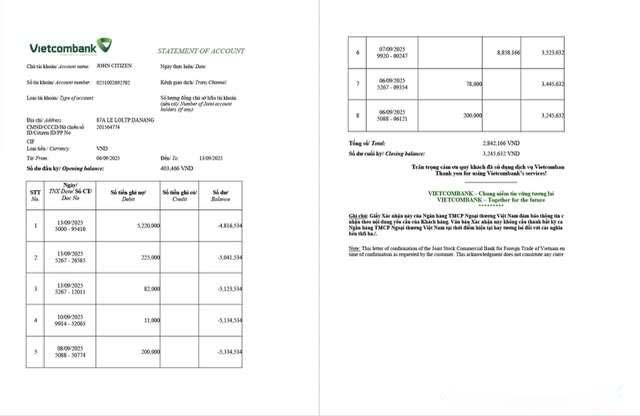 Vietnam Vietcombank statement of account Word and PDF template, 2 pages download template file