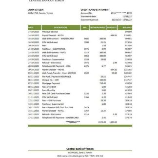 Yemen Central Bank of Yemen bank statement, Excel and PDF template download template file