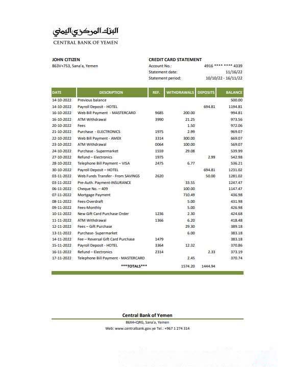Yemen Central Bank of Yemen bank statement, Excel and PDF template download template file