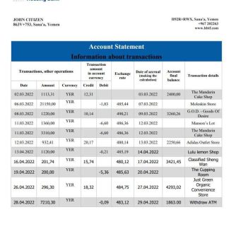 Yemen Housing Bank statement download template file