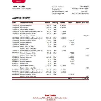 Zambia Absa bank statement, Excel and PDF template download template file