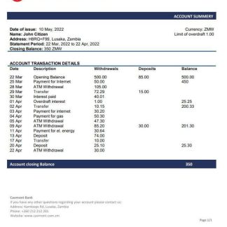 Zambia Cavmont Bank statement download template file