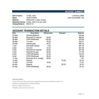 Zambia Cavmont bank statement, Excel and PDF template download template file