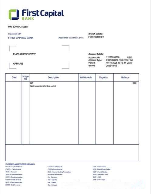 Zambia First Capital Bank account statement Word and PDF template download template file