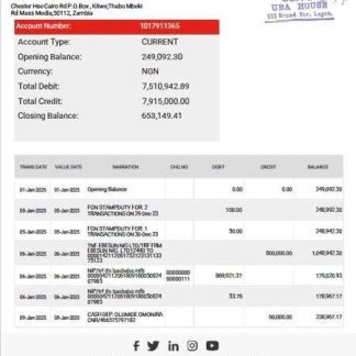 Zambia United Bank for Africa bank statement Word and PDF template download template file