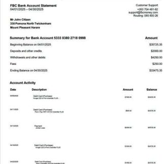 Zimbabwe FBC Bank account statement Word and PDF template download template file