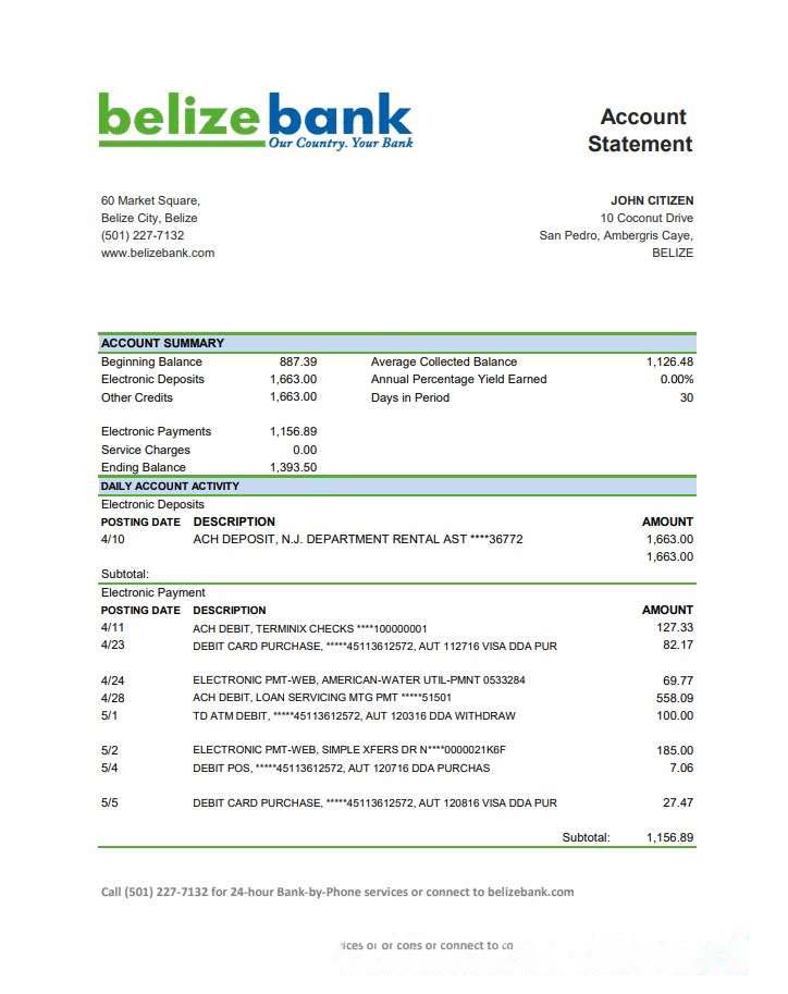 Belize Belizebank bank statement easy to fill template in .xls and .pdf file format download template file