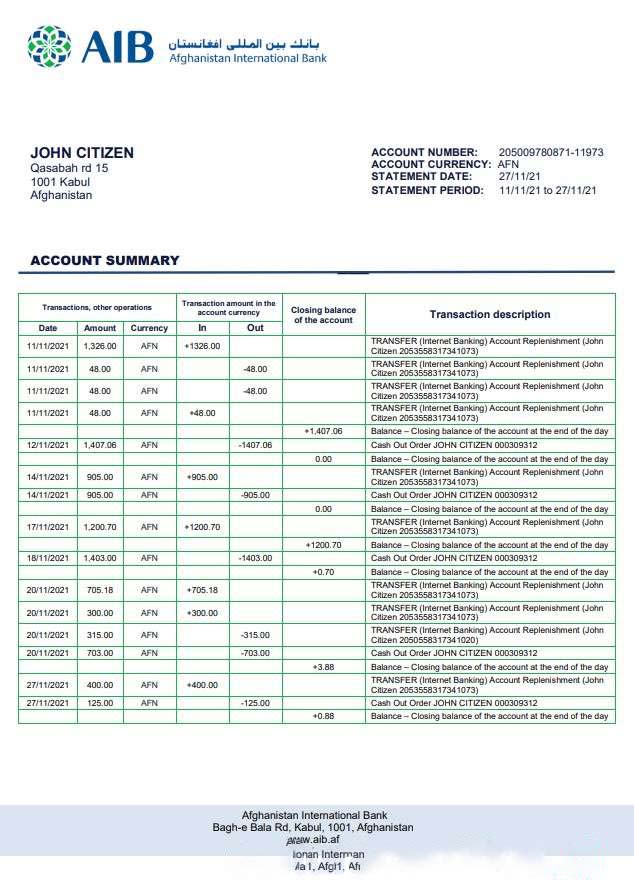 Afghanistan AIB Bank Statement download template file