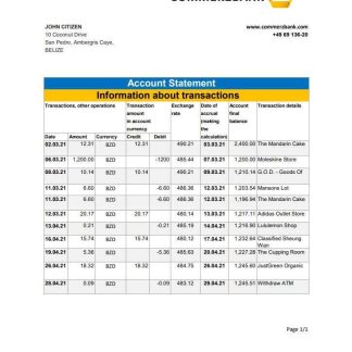 Belize Commerzbank bank statement easy to fill template in Excel and PDF format download template file