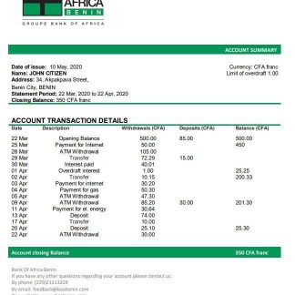 Benin Bank of Africa bank statement download template file