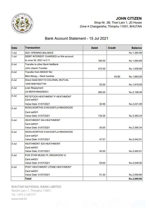 Bhutan National Bank statement easy to fill template in Excel and PDF format download template file