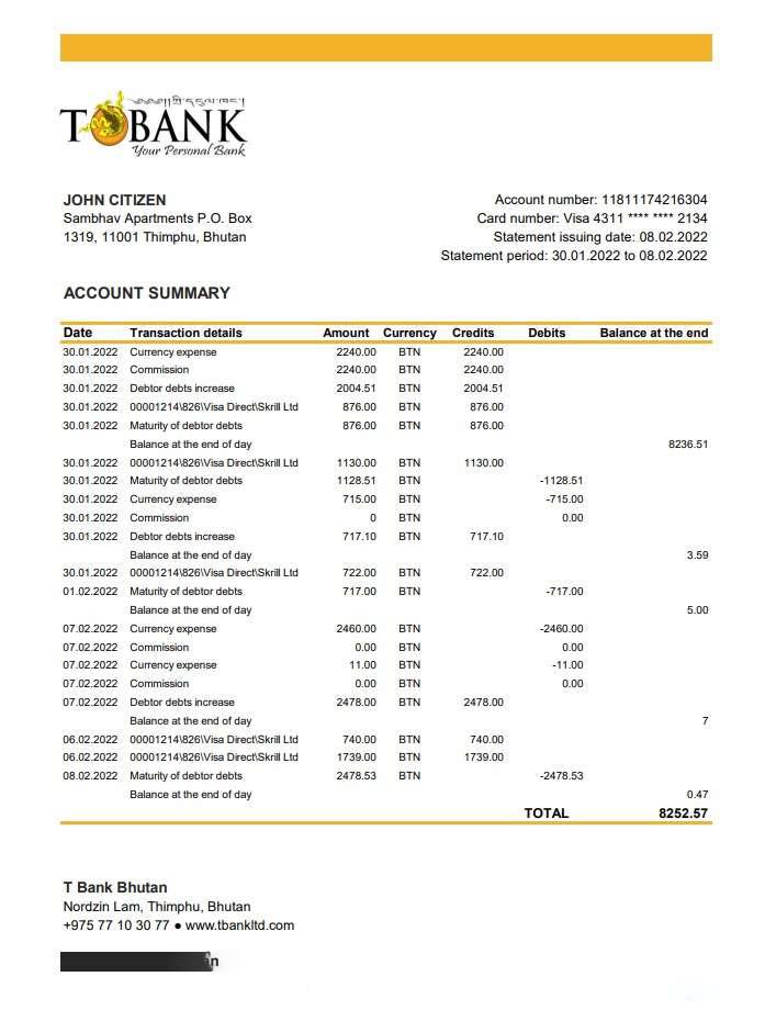 Bhutan T Bank Statement xls download template file