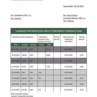 Bolivia Banco Ganadero bank statement template, Word and PDF format download template file