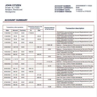 Bosnia and Herzegovina Addiko Bank statement download template file