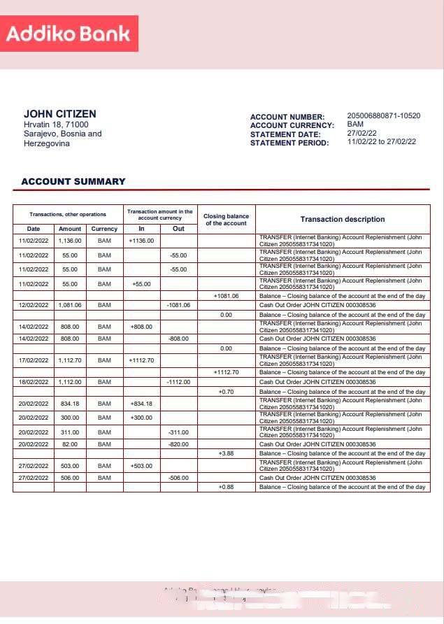 Bosnia and Herzegovina Addiko Bank statement download template file