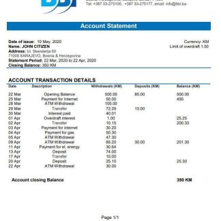Bosnia and Herzegovina Bosna Bank International bank statement download template file