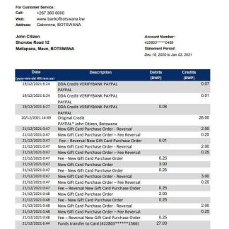 Botswana Bank Gaborone bank statement template in Excel and PDF format download template file