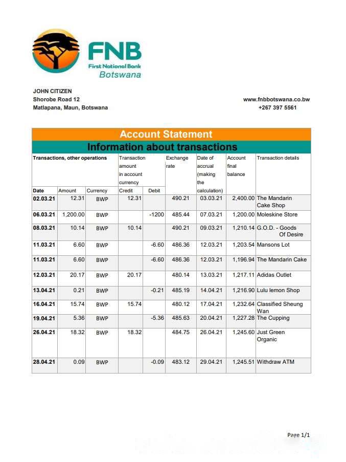 Botswana FNB of Botswana bank statement template in .xls and .pdf file format download template file