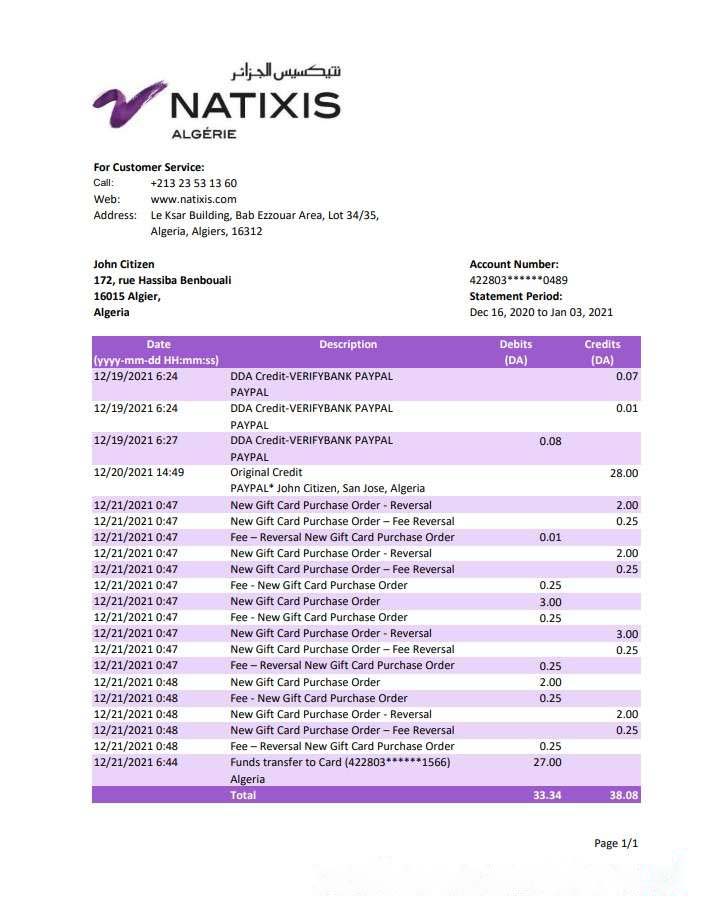 Algeria Natixis Algerie bank statement template in Excel and PDF format download template file