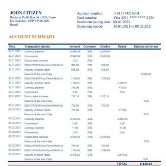 Brazil Itau bank statement template in Excel and PDF format download template file