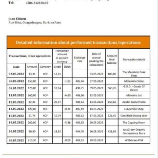 Burkina Faso Banque Atlantique bank statement template, Word and PDF format download template file