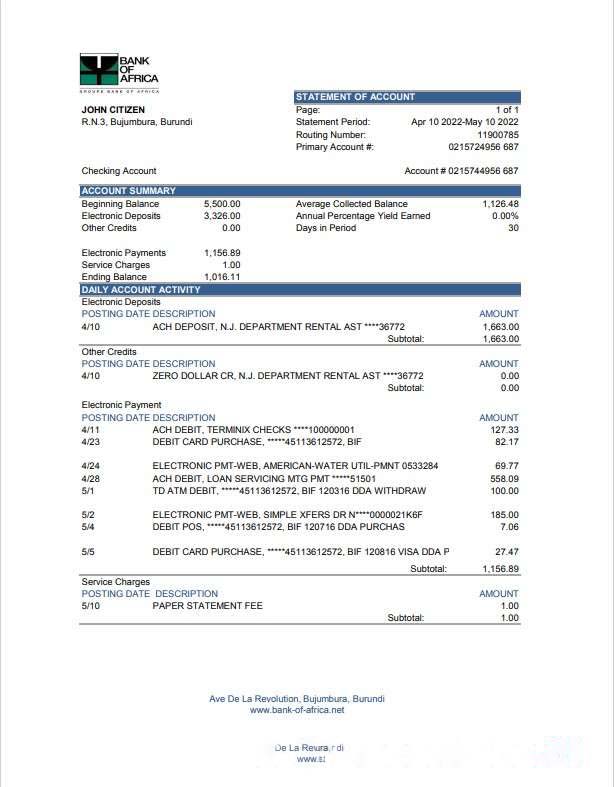 Burundi Bank of Africa bank statement Excel and PDF template (AutoSum) download template file
