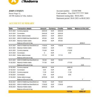 Andorra BancSabadell d'rra bank statement template in Excel and PDF format download template file