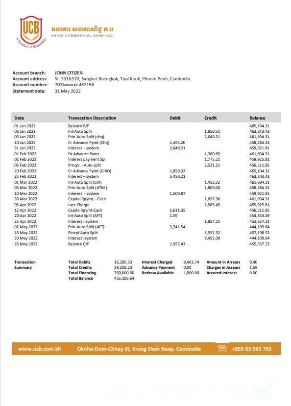 Cambodia Union Commercial bank statement Word and PDF template download template file