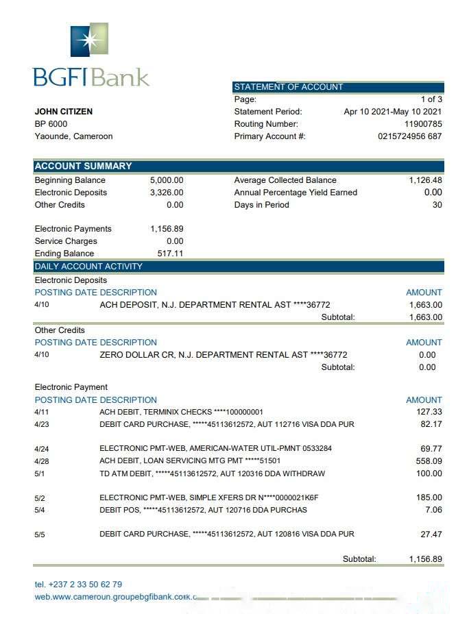 Cameroon BGFI bank statement easy to fill template in Excel and PDF format download template file
