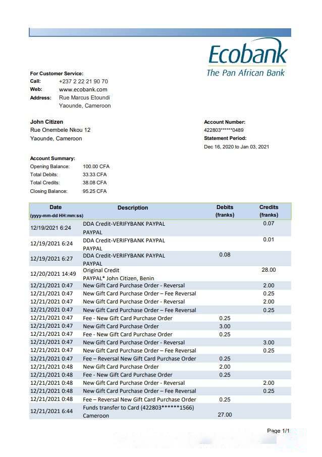 Cameroon Ecobank bank statement easy to fill template in .xls and .pdf file format download template file