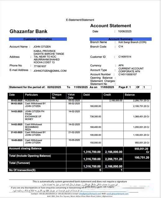 Afghanistan Azizi Bank statement of account Word and PDF template, 2 pages download template file