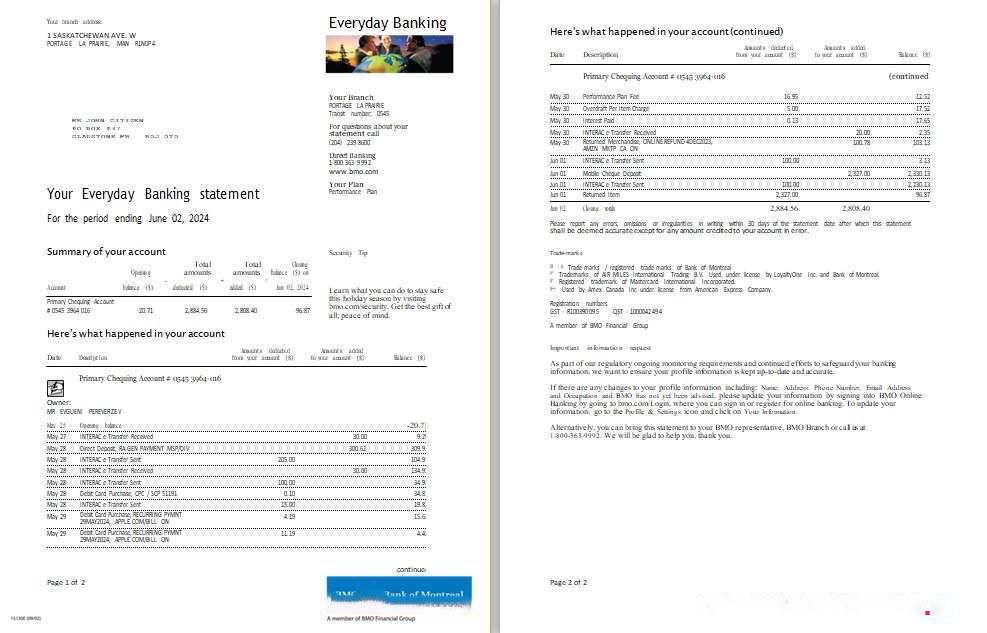 Canada BMO bank everyday banking statement scr download template file