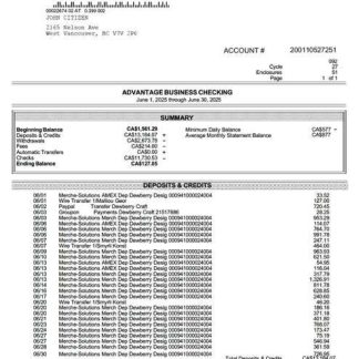 Canada British Columbia PeoplesTrust Bank business checking Word and PDF template download template file