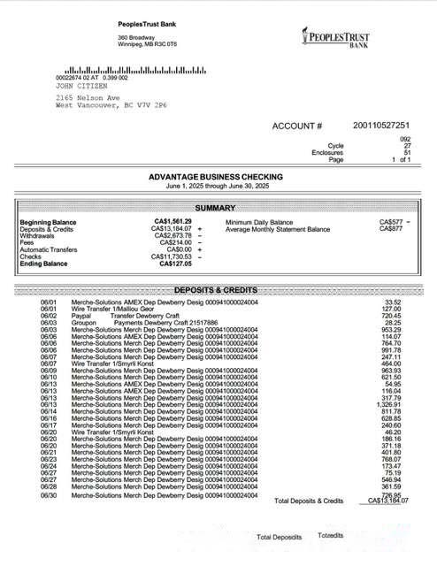 Canada British Columbia PeoplesTrust Bank business checking Word and PDF template download template file