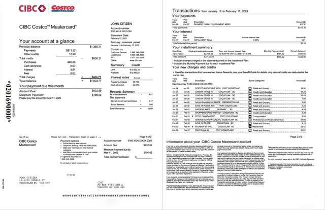Canada CIBC Bank account statement Word and PDF template, 2 pages download template file