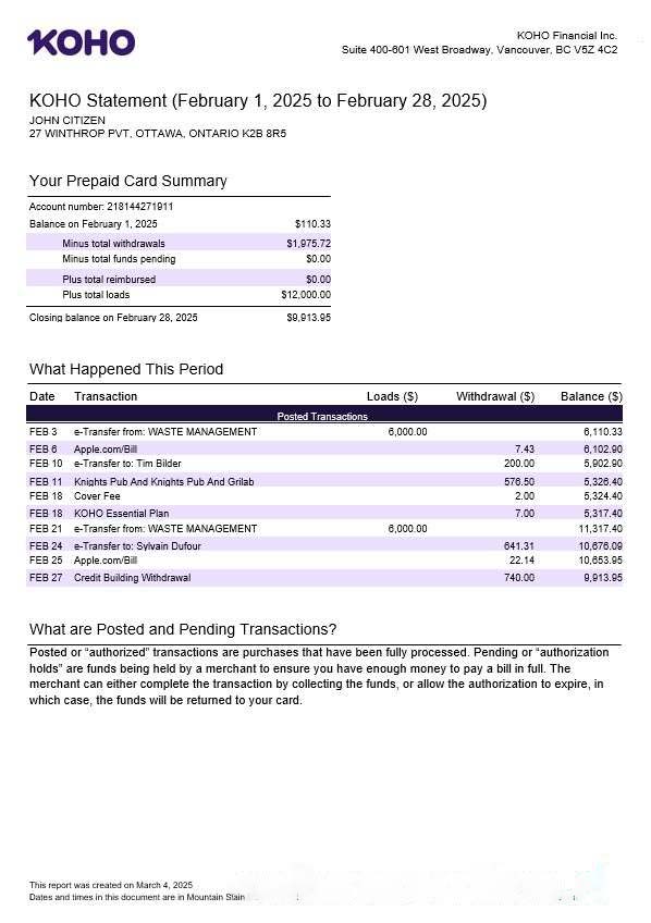 Canada KOHO Financial Incorporated statement template in Word and PDF formats download template file