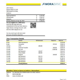 Andorra MoraBank bank statement template in Excel and PDF format download template file