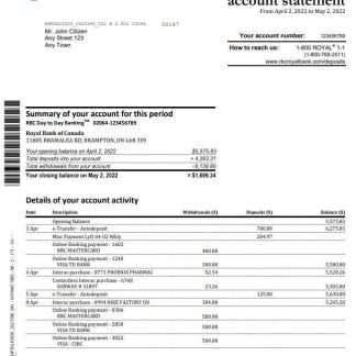 Canada Royal Bank of Canada (RBC) bank statement, Word and PDF template, 4 pages, version 2 download template file
